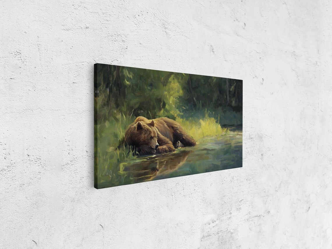 Grizzly Bear Resting By The Riverbank Serene Green Nature Art Poster - Image 4