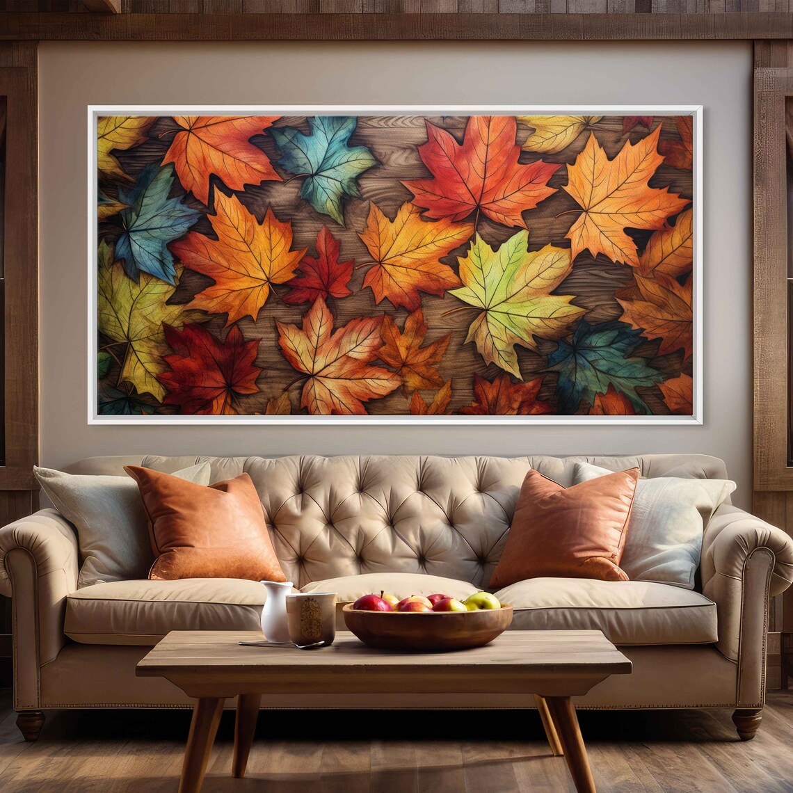 Vibrant Autumn Maple Leaves Wood Background Fall Colors Painting Print - Image 3