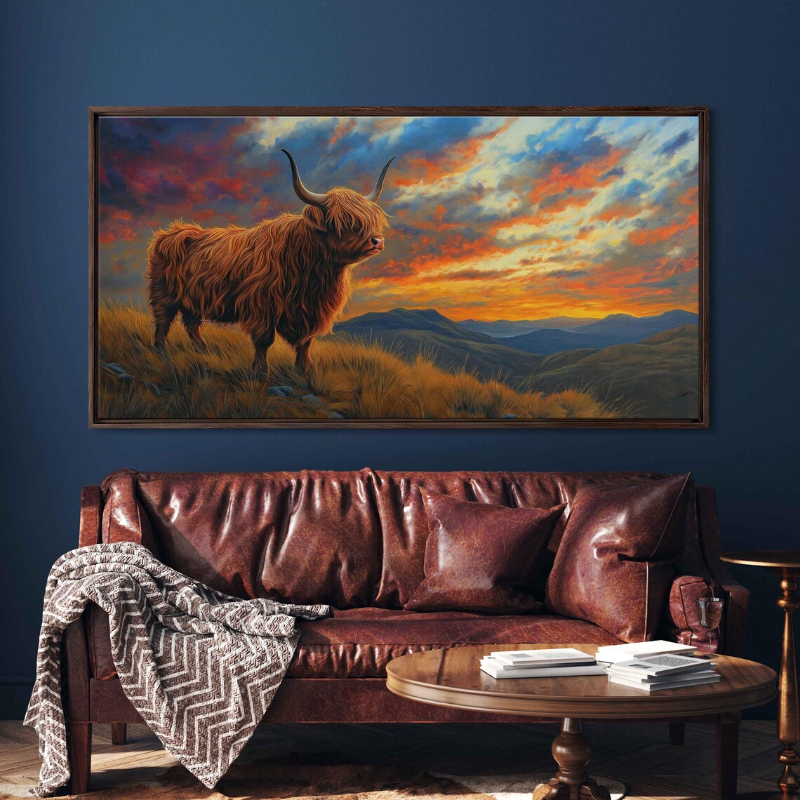 Highland Cow Standing Proud, Dramatic Sunset Art Print