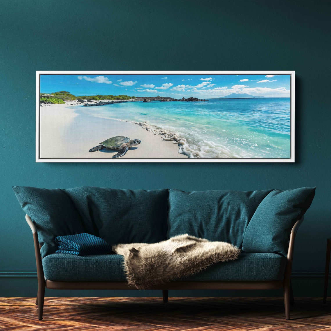 Sea Turtle On White Sand Beach Turquoise Waves Panoramic Poster - Image 3