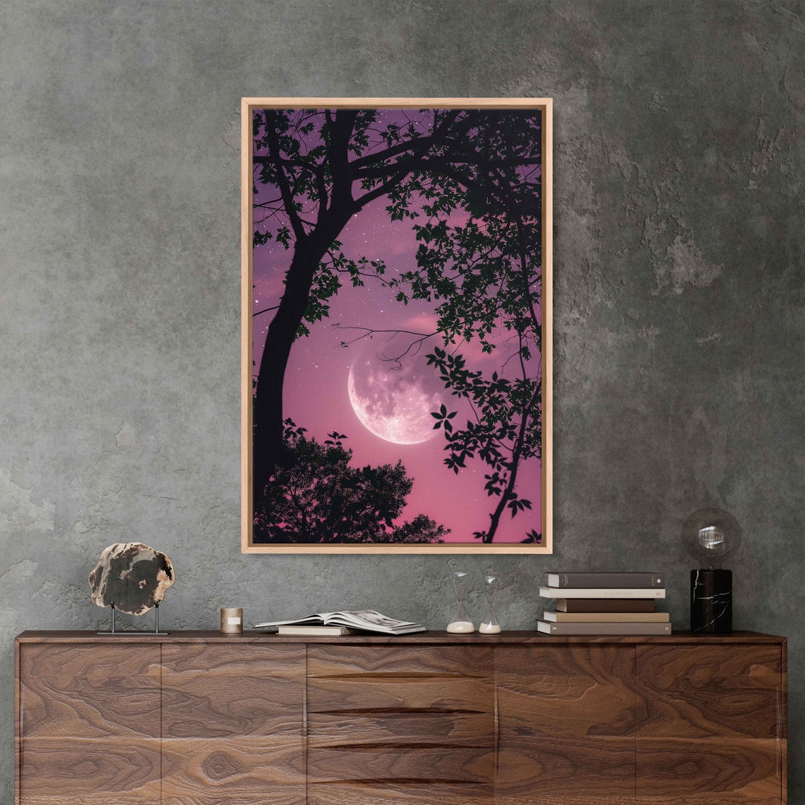 Crescent Moon Shown Through Tree Branches Wall Art Print Vibrant Pink Sky Nature Painting Ready To Hang - Image 2