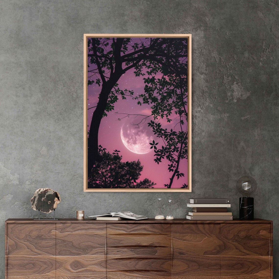 Pink Moon Through Tree Branches Starry Night Sky Silhouette Wall Poster - Image 2