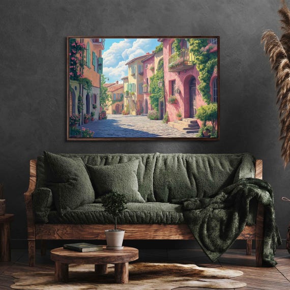 Quaint European Village Wall Art Print Vintage Style Cobblestone Streets Pastel Buildings