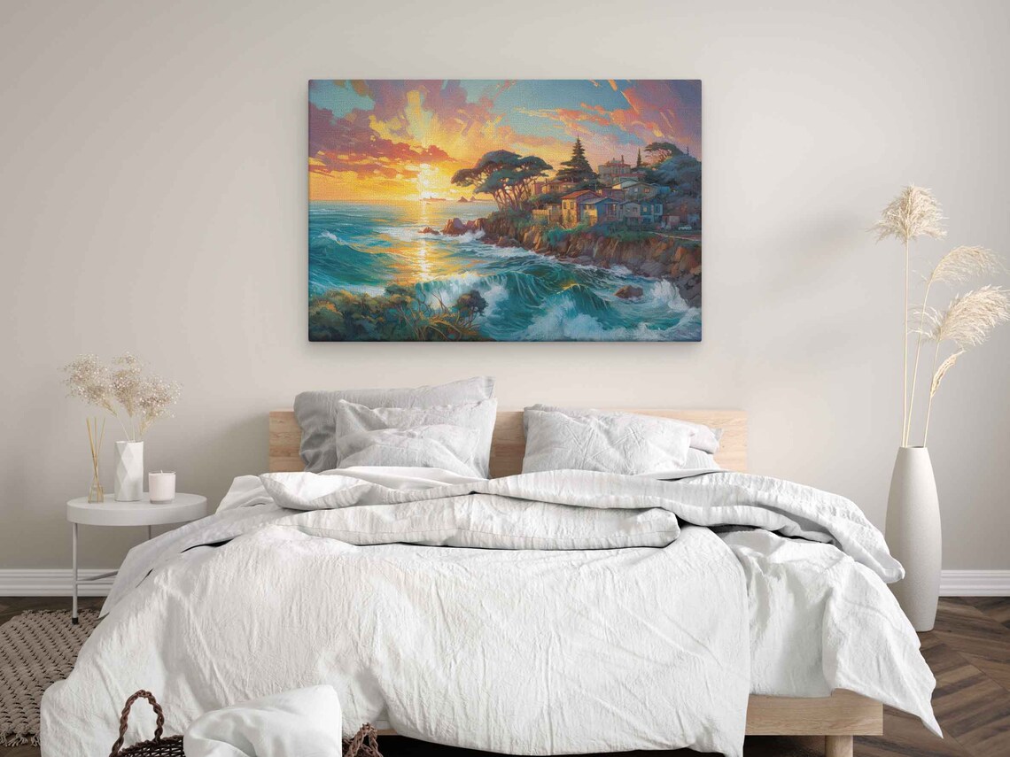 Coastal Cliff Town Sunset Ocean Waves Luminous Oil Painting Poster - Image 3