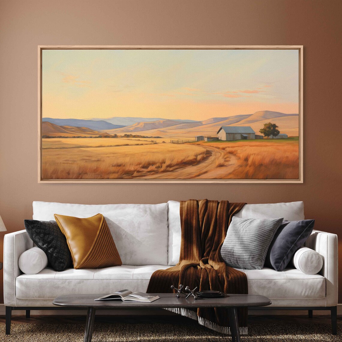 Minimalist Farm Painting Rustic Wall Art Open Field Mountain Range Framed Print Ready To Hang