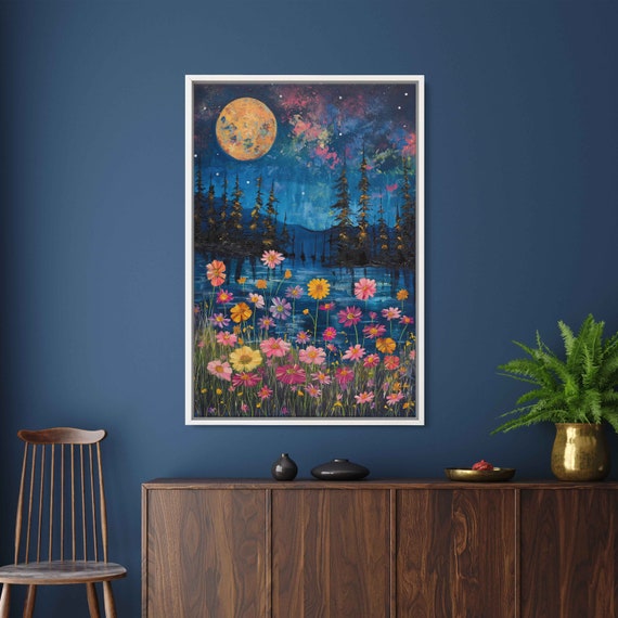 Field Of Vibrant Flowers Full Moon Starry Night Painting Framed Print Ready To Hang