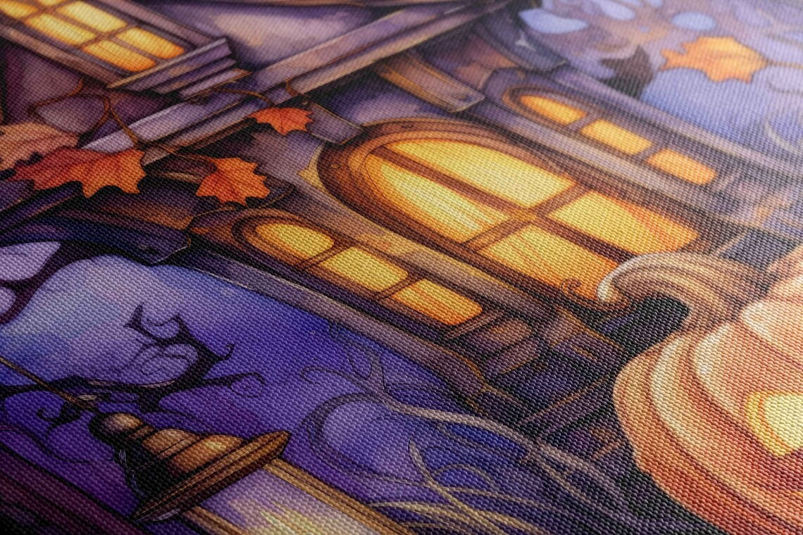 Halloween Haunted House Jack O Lantern Purple Moonlit Night Watercolor Poster - Image 2