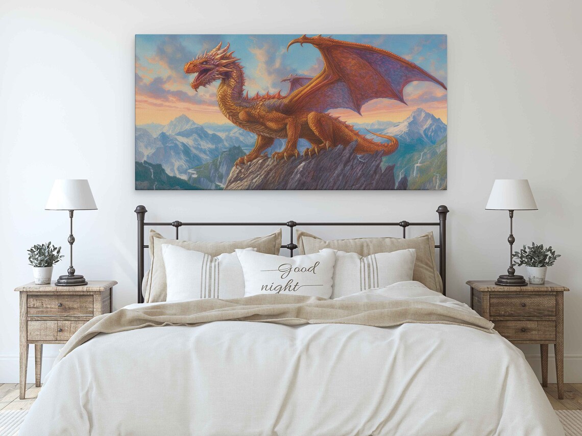 Majestic Red Dragon Mountain Peak Fantasy Creature Detailed Painting Print - Image 3