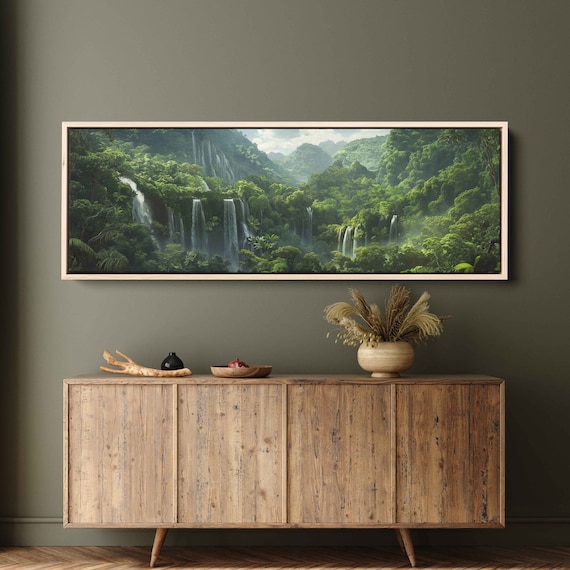 Waterfalls Cascading Over Rainforest Wall Art Print Nature Painting Vibrant Green Forest Lush Jungle Landscape Ready To Hang