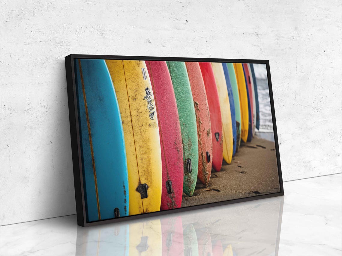 Surfboards Resting On Sandy White Beach Wall Art Print Gift For Surfer Blue Water Ocean Painting Ready To Hang - Image 4