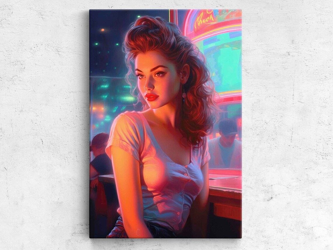 Retro Woman Portrait Neon Bar Pink Green Lights Vintage Pop Art Poster