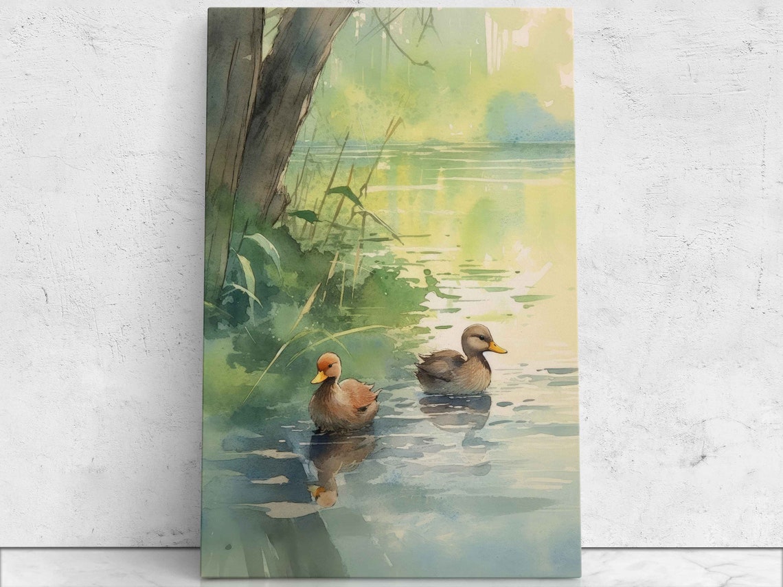 Pair of Ducks Watercolor Pond Riverside Tranquil Lake Scene Art Poster