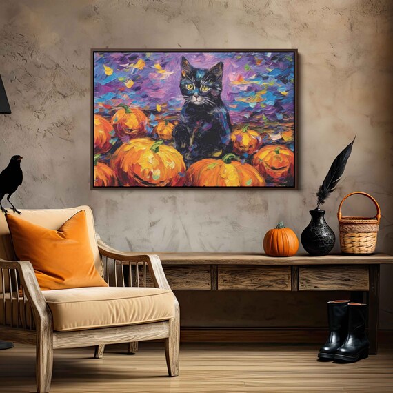 Black Cat Halloween Starry Night Painting Reproduction Print Ready To Hang Cute Cat Painting