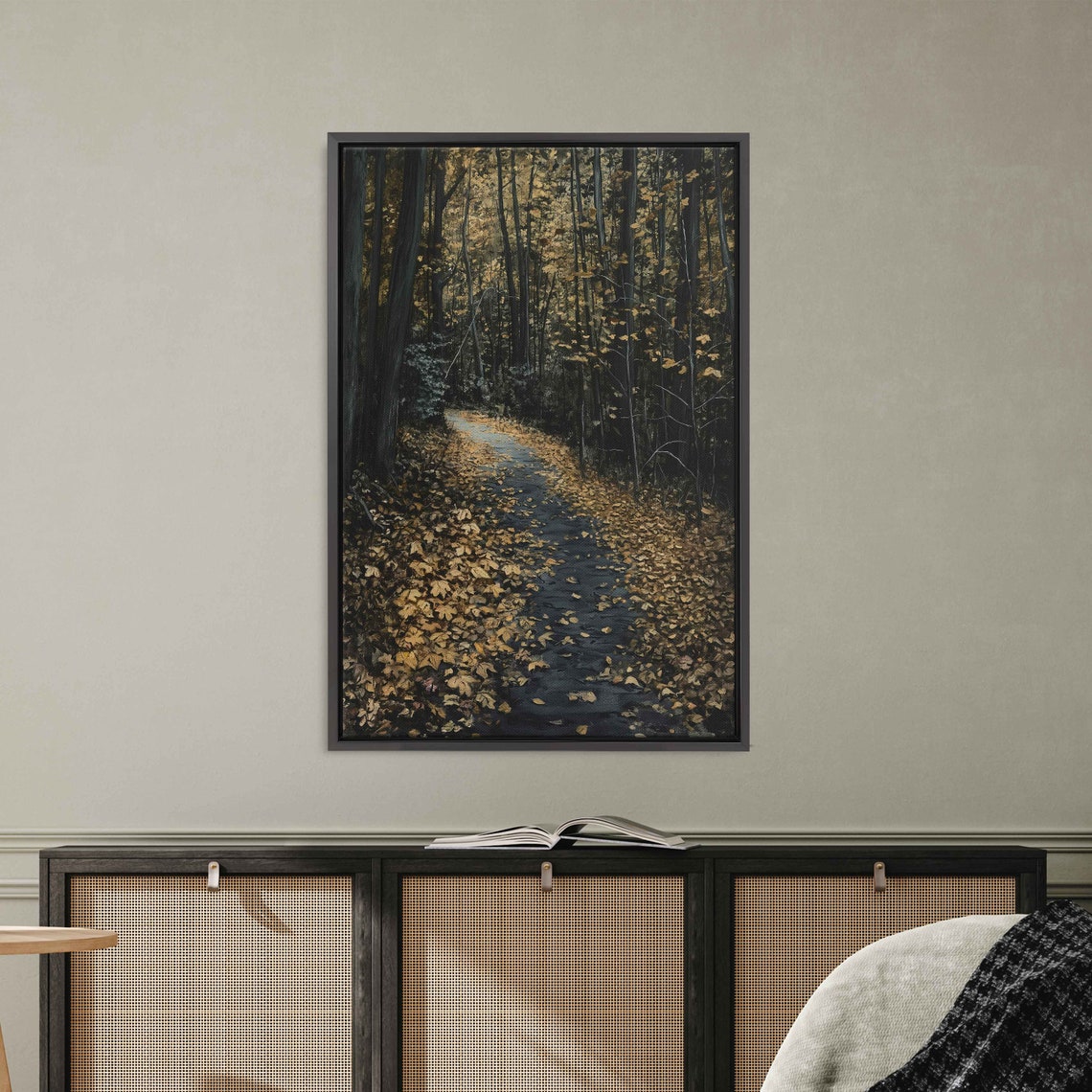 Dark Moody Forest Path Covered In Fallen Golden Leaves Art Poster - Image 3