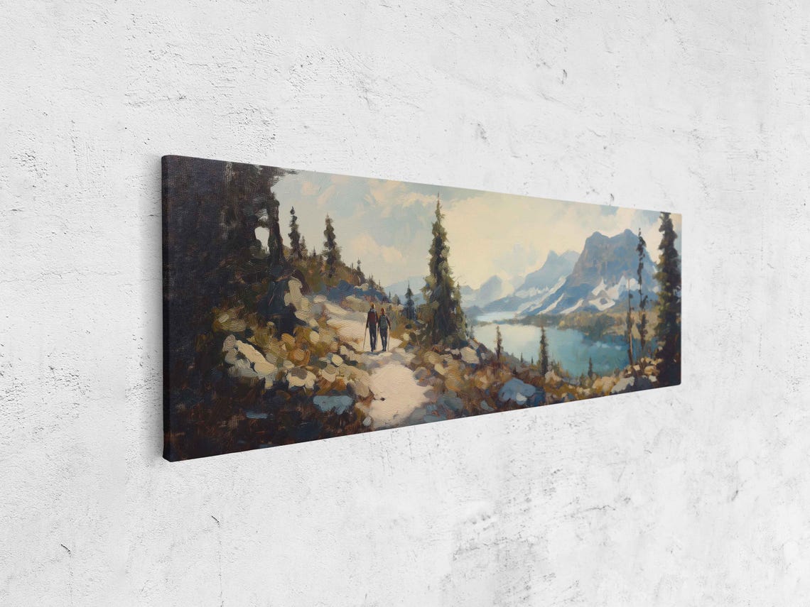 Campers Navigating Rocky Trail Wall Art Print Stunning Lake View Nature Adventure - Image 4