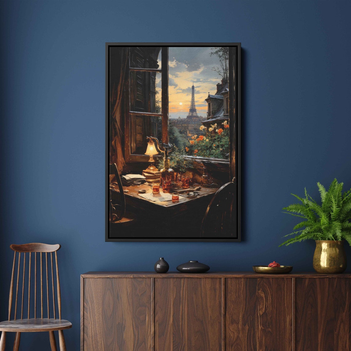 Eiffel Tower View Through Window Paris Sunset Cozy Desk Flowers Poster - Image 3