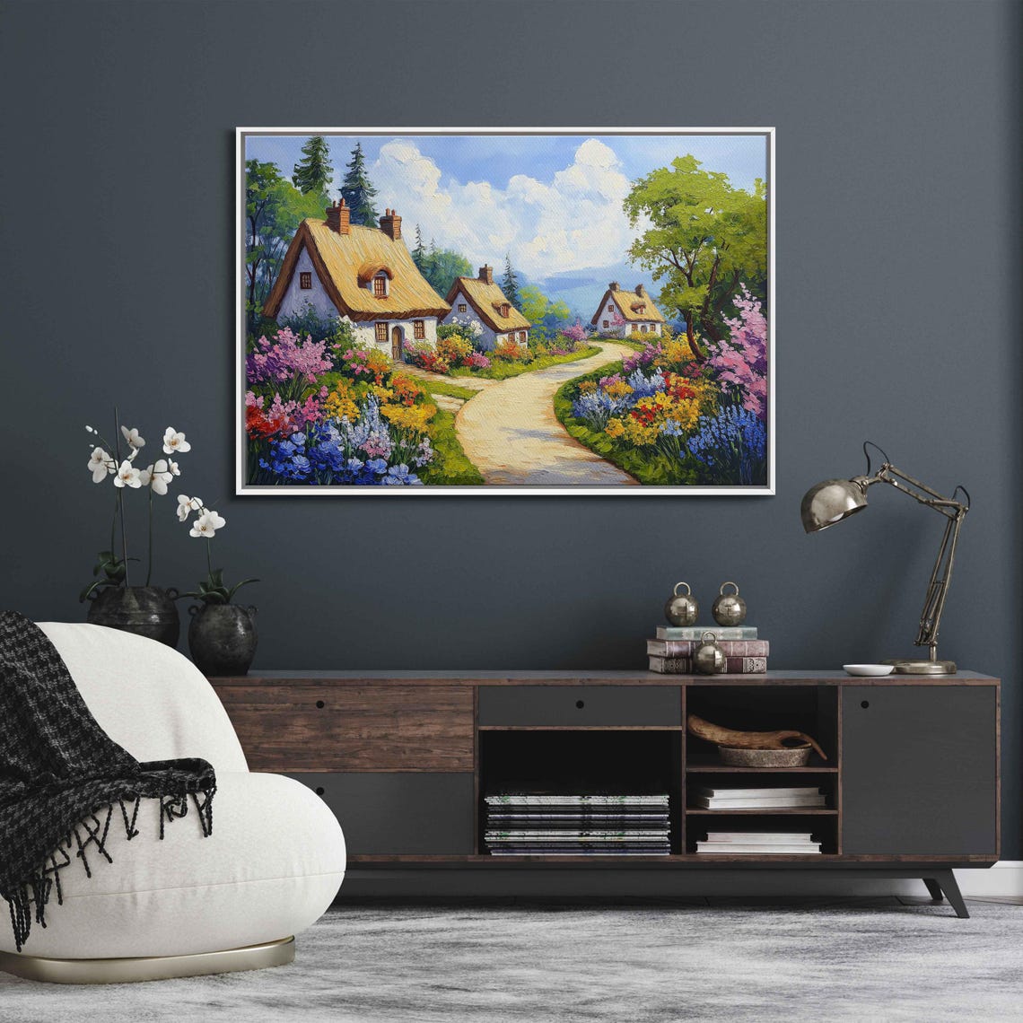Thatched Roof Village Cottages Spring Garden Winding Path Poster