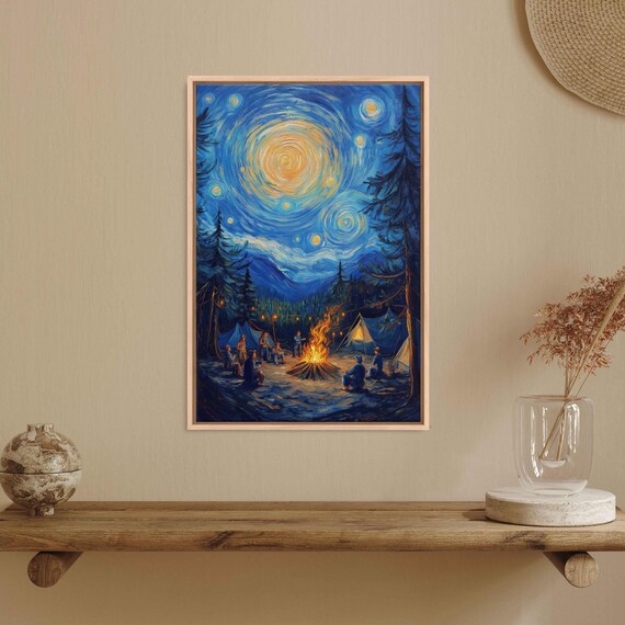 Starry Night Sky Over Campsite Campfire Swirling Oil Painting Art Poster