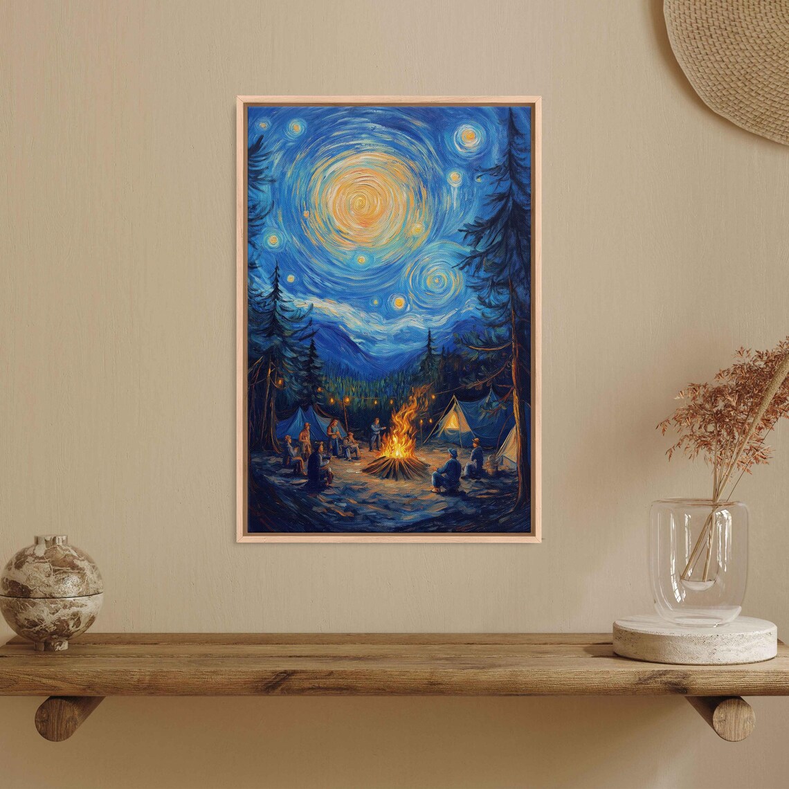 Starry Night Sky Over Campsite Campfire Swirling Oil Painting Art Poster