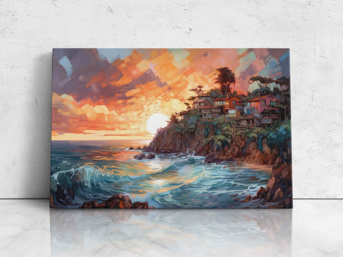 Seaside Cliff Village Golden Sunset Surf Ocean Painting Poster