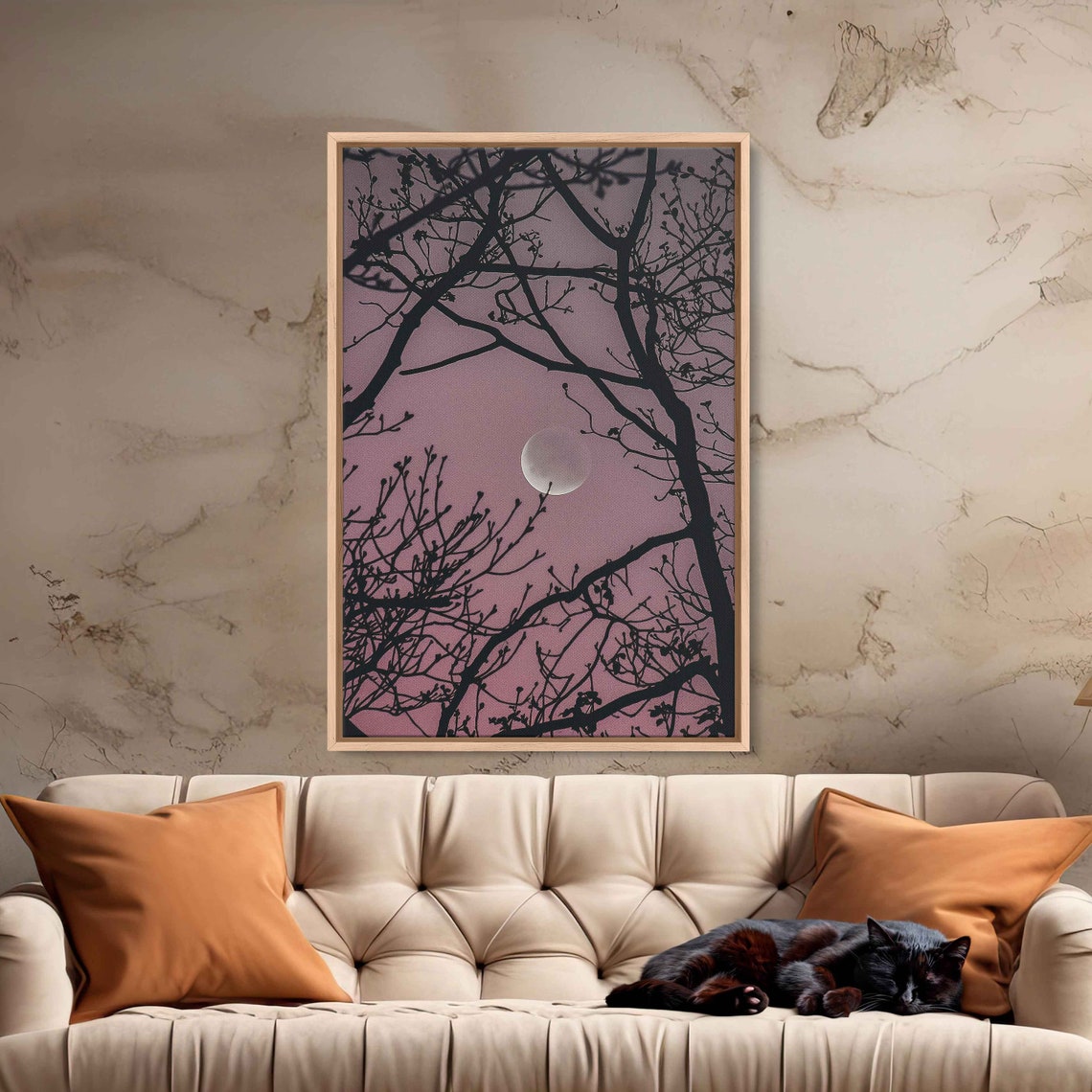 Crescent Moon Shown Through Tree Branches Wall Art Print Vibrant Pink Sky Nature Painting Ready To Hang - Image 4