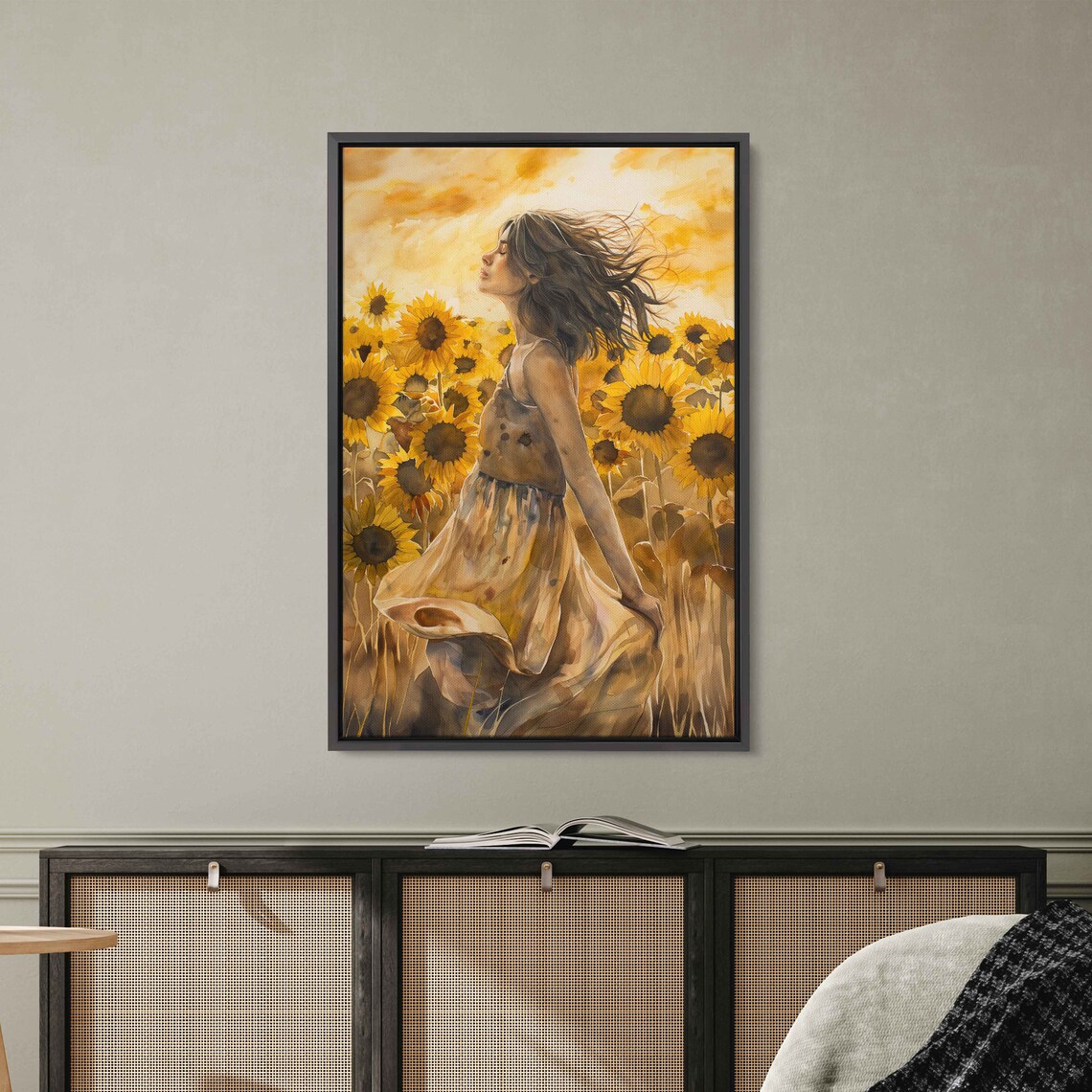 Woman Dancing In Sunflower Field Watercolor Wall Art Print Flowing Sundress Sunny Skies Flowing Hair Ready To Hang - Image 3