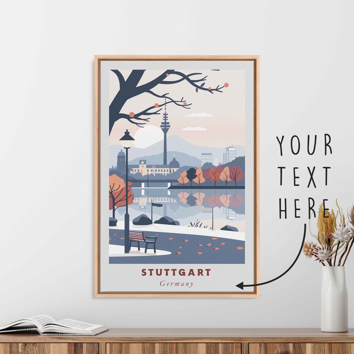 Stuttgart Germany Fernsehturm Autumn Lake Park Bench View Poster