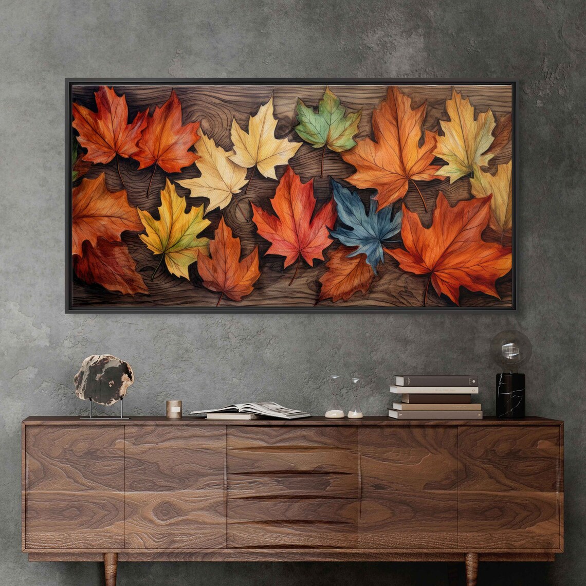 Colorful Autumn Leaves On Dark Wood Painting Fall Botanical Art Print - Image 3