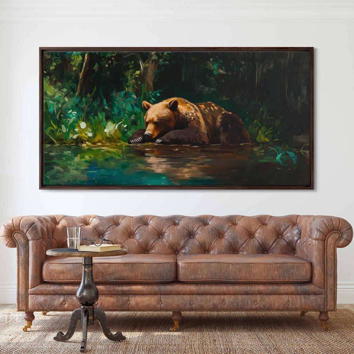 Grizzly Bear Resting Riverbank Lush Greenery Serene Wildlife Poster