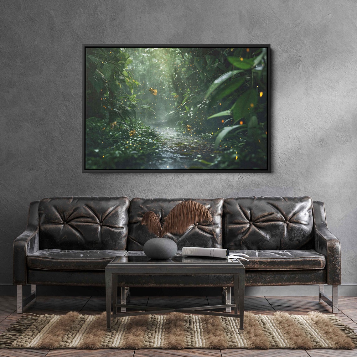 Misty Rainforest Path In Gentle Rain With Glowing Fireflies Poster