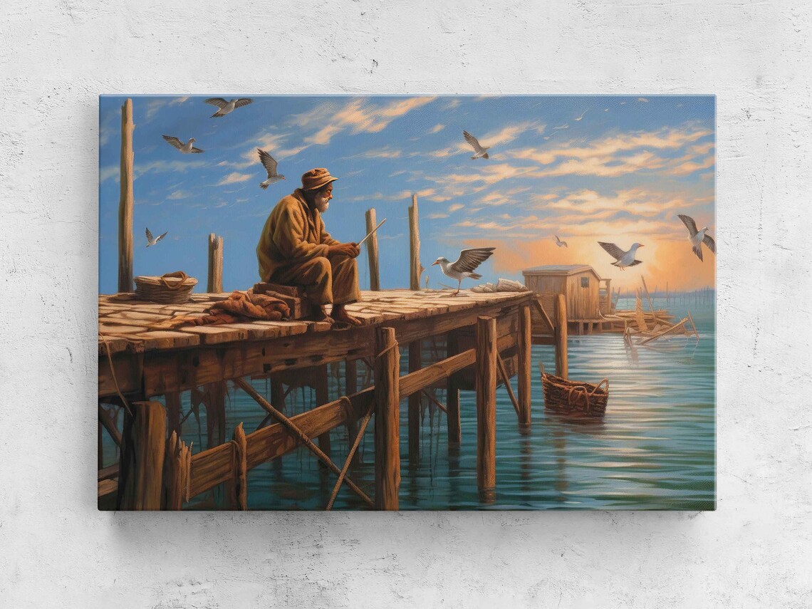 Old Fisherman Sitting on Wooden Dock at Sunset Harbor Art Print