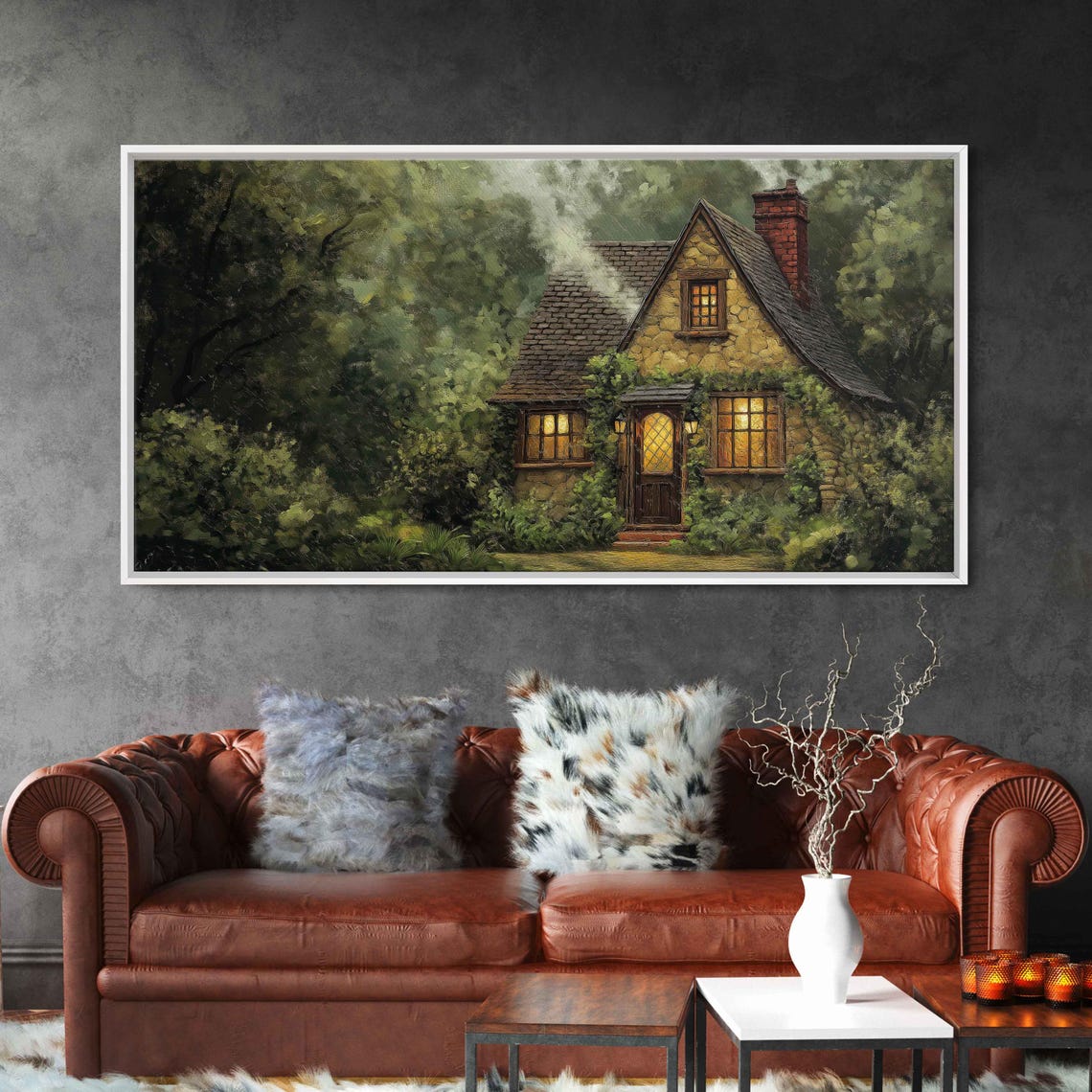 Stone Cottage With Glowing Windows In A Rainy Forest Dusk Poster