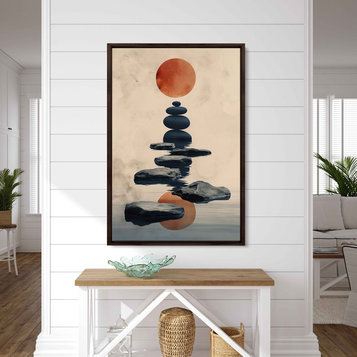 Zen Stacking Stones Balancing Rocks Red Moon Calm Water Meditation Print - Image 2