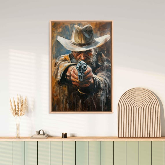 Vintage Cowboy Shooting Revolver Acrylic Wall Art Print Realistic Painting Western Wall Art Rustic Painting Ready To Hang