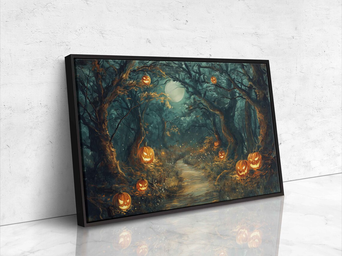 Moonlit Forest Path Lined With Glowing Jack O Lanterns In Foggy Night Wall Art - Image 4