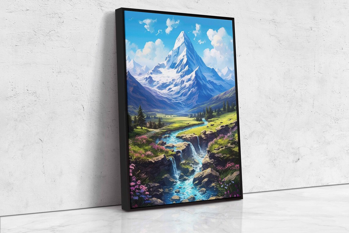 Snowy Cloudy Mountain Painting With Winding River Print On Framed Options Ready To Hang - Image 4
