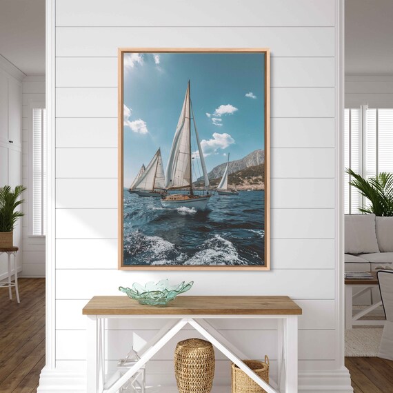 Sailing Regatta Full Sails Rocky Cliffs Crashing Waves Nautical Poster