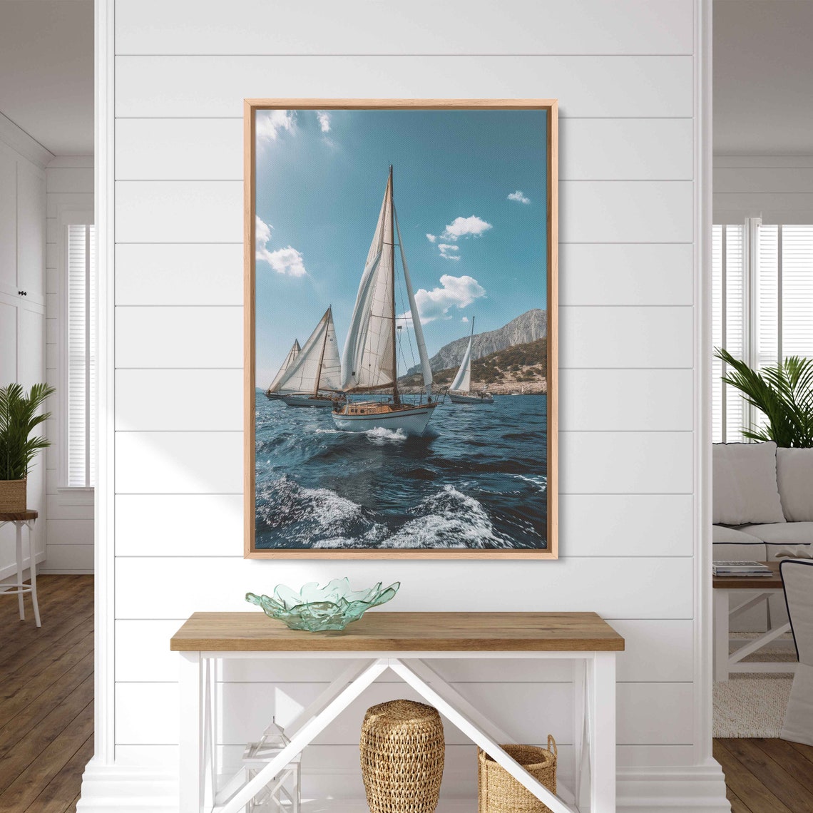 Sailing Regatta Full Sails Rocky Cliffs Crashing Waves Nautical Poster