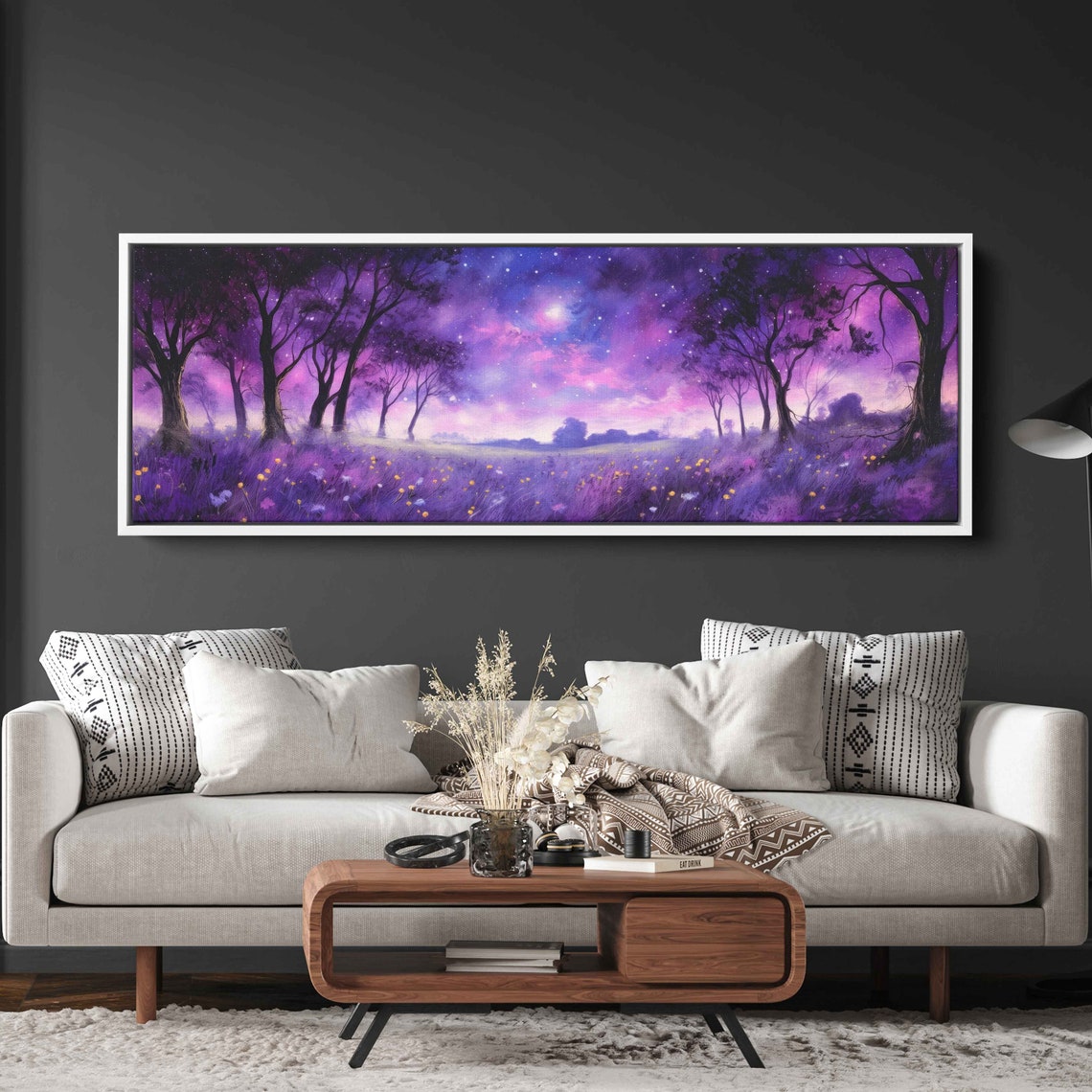 Lavender Field Moonlit Night Purple Starry Trees Panoramic Art Print - Image 3