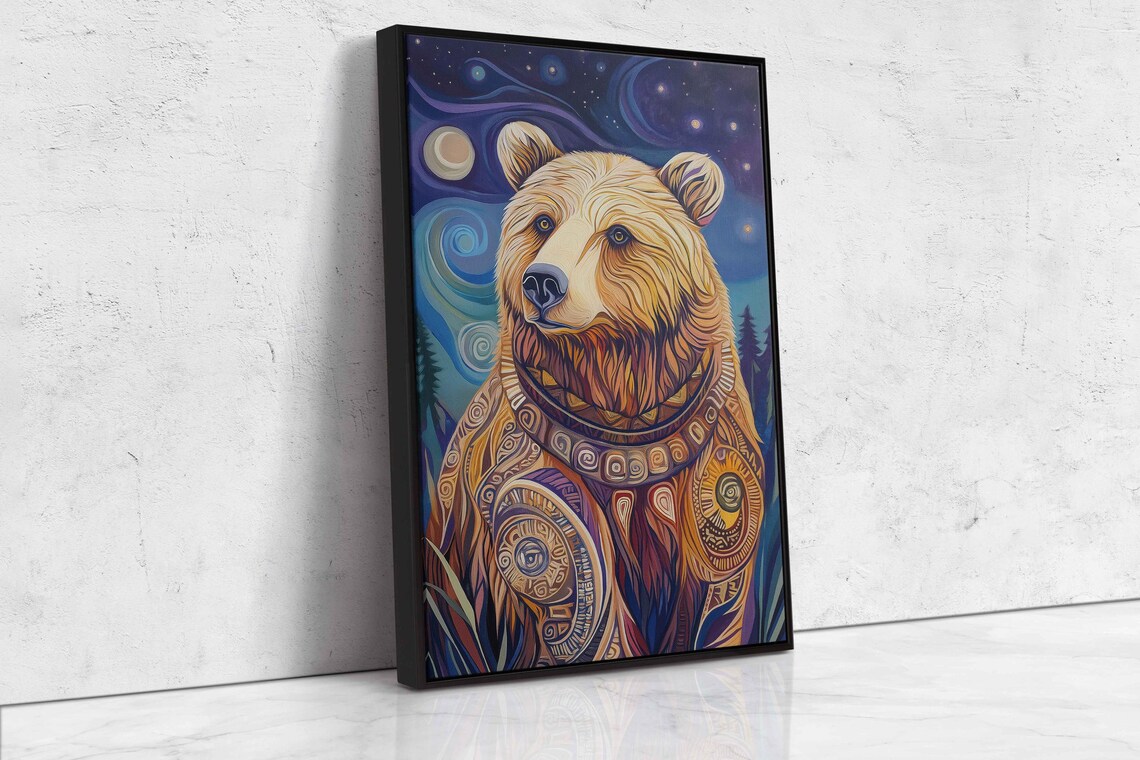 Grizzly Bear Portrait Tribal Patterns Swirling Starry Night Art Poster - Image 4
