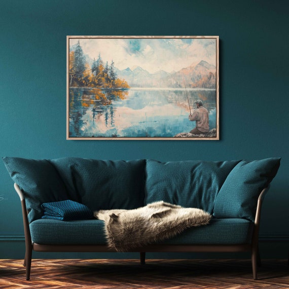 Man Fishing Off Lake Shore Wall Art Print Gift For Fisherman Calm Waters Nature Lover Beautiful Landscape