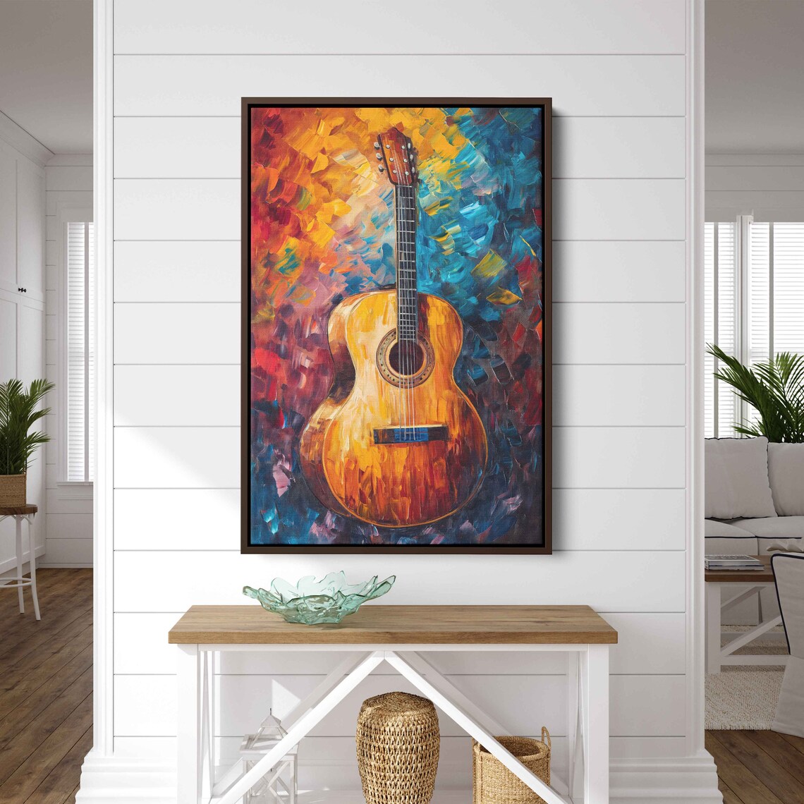 Vibrant Acoustic Guitar Palette Knife Painting Colorful Music Wall Art Poster