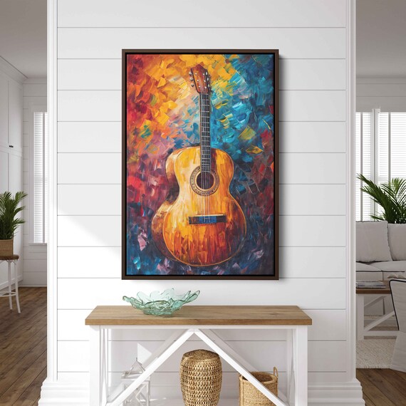 Vibrant Acoustic Guitar Palette Knife Painting Colorful Music Wall Art Poster