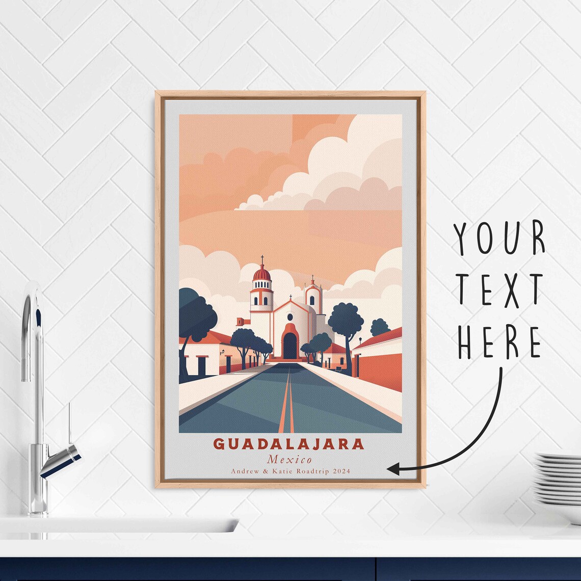 Guadalajara Mexico Colonial Church Street Peach Sky Travel Poster - Image 3