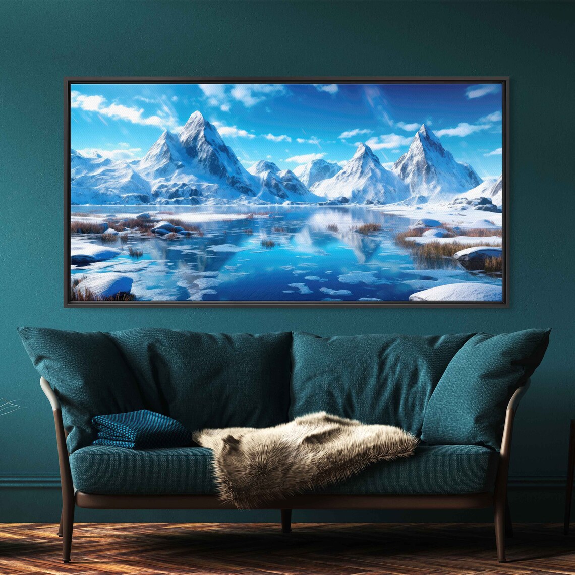 Stunning Snow Covered Mountains Oil Painting Reflective Lake Framed Print Ready To Hang - Image 3