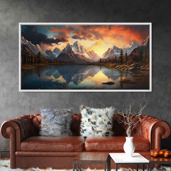 Colorful Mountain Lake Painting Fall Decor Snowy Mountain Caps Colorful Cloudy Skies Framed Print Ready To Hang