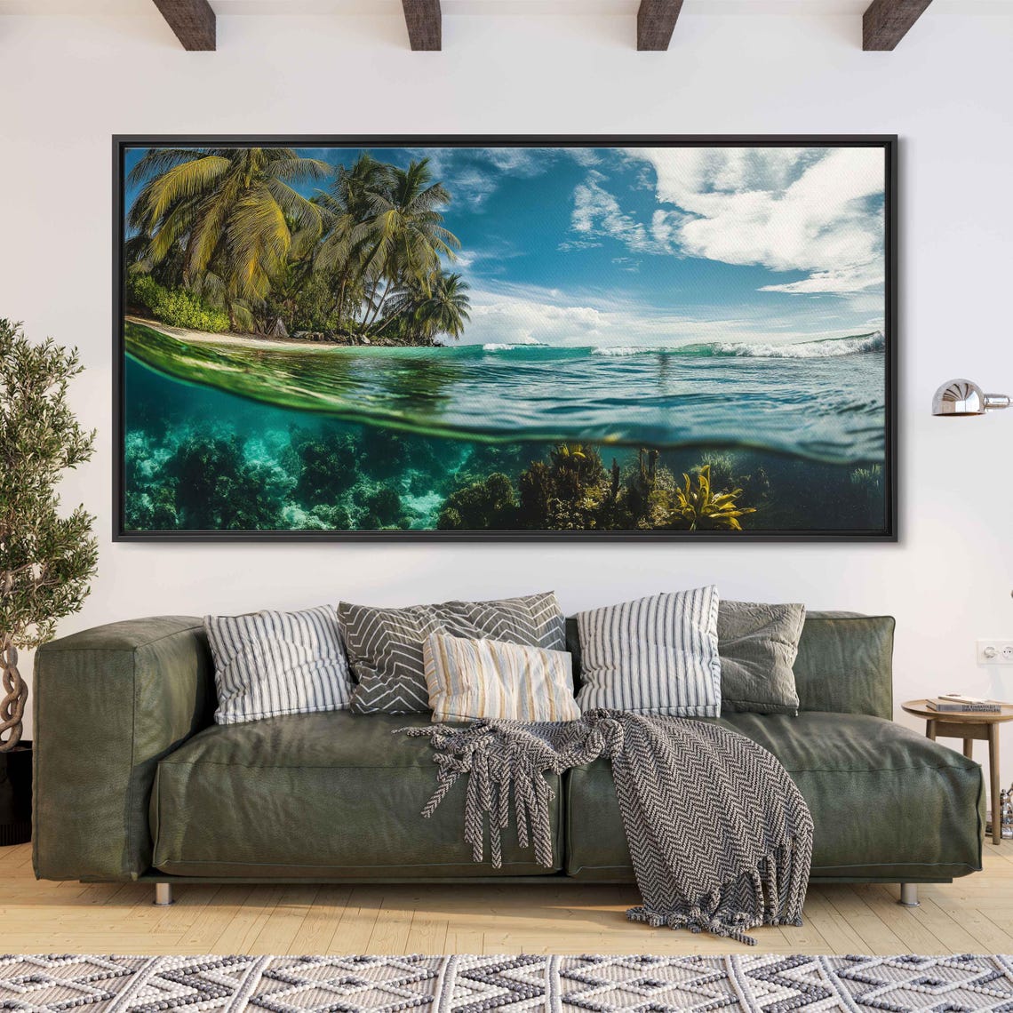 Tropical Island Split View Coral Reef Underwater Palm Beach Art Poster - Image 3