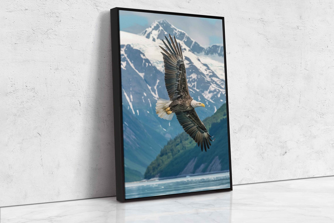 Majestic Bald Eagle Soaring Over Mountain Lake Snowy Peaks Wall Poster - Image 4