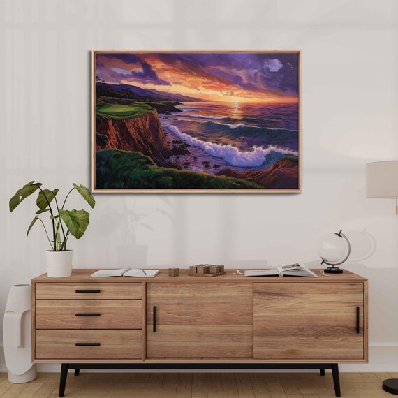 Pebble Beach Golf Course Cliffs Sunset Ocean Waves Vibrant Poster