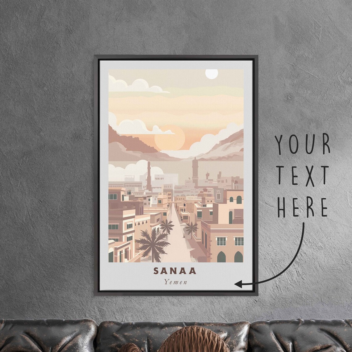 Sanaa Yemen Old City Street Mountain Sunset Retro Travel Poster